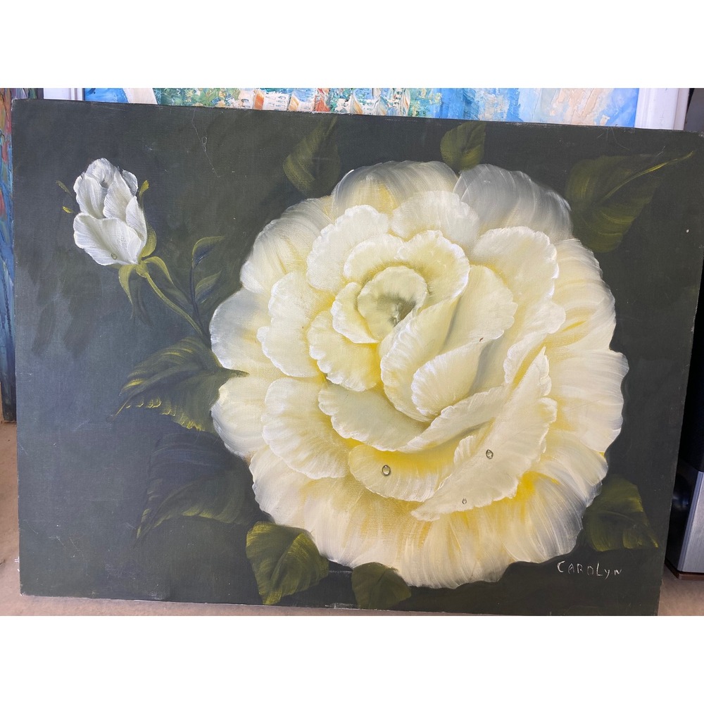 Vintage Carolyn Signed White Rose Oil Painting on Canvas Floral Still Life 24x18